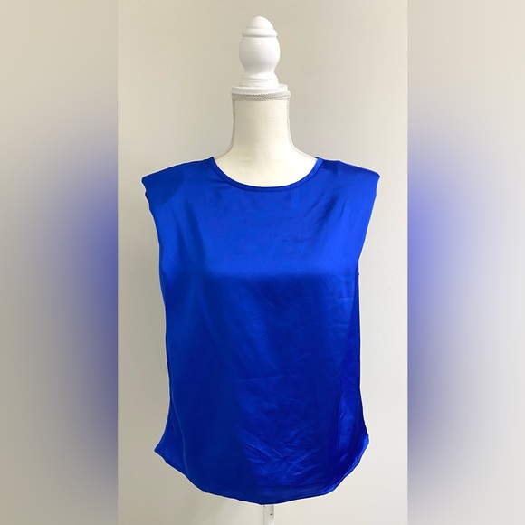 SHEIN Womens S Solid Royal Blue Structured Sleeveless Satin Top Preppy Classic - Picture 4 of 16